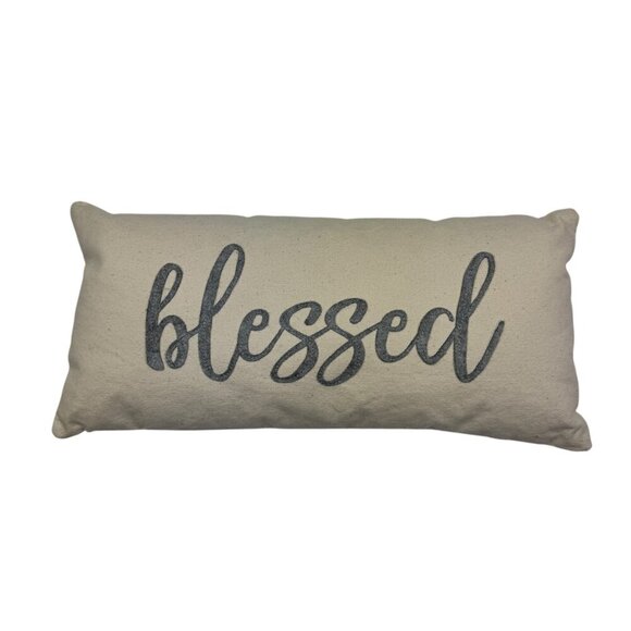 Mud Pie Embroidered Patch Script "Blessed" Decorative Neutral Accent Pillow - Picture 1 of 4
